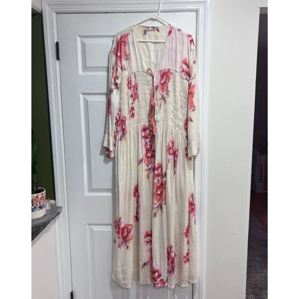 Free People Bright Blooms Maxi Robe M Boho Floral Tie Front Flowy Duster Kimono